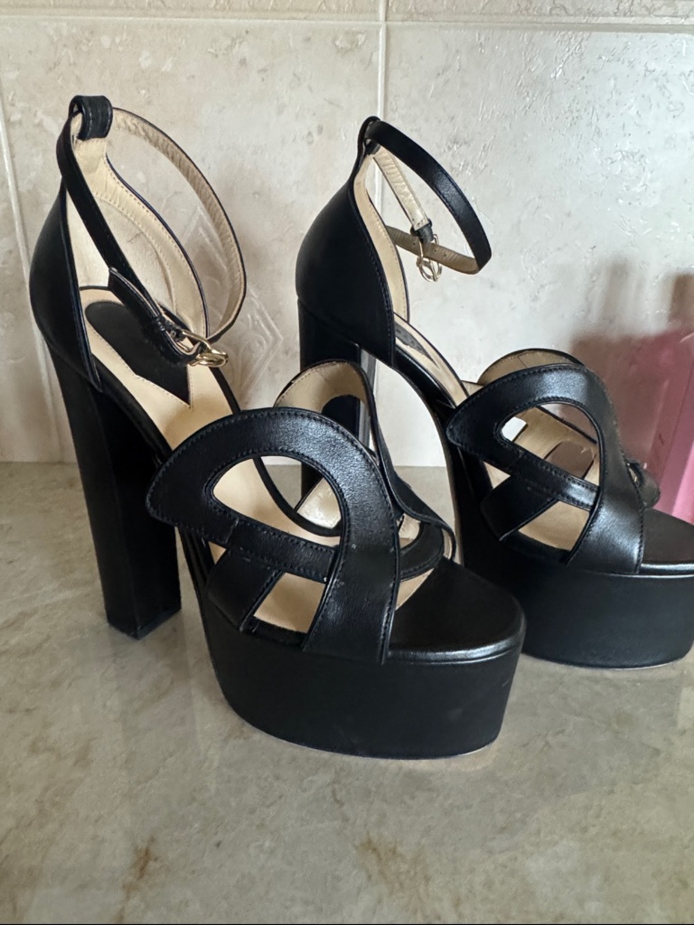Elie Saab Black Leather Platform Block Heel Sandals